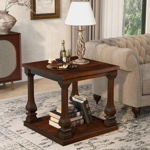 English Elm 24.8 Farmhouse Square End Table Two Tier Carved Legs Distressed Walnut Bedroom Living Room W1202P426221