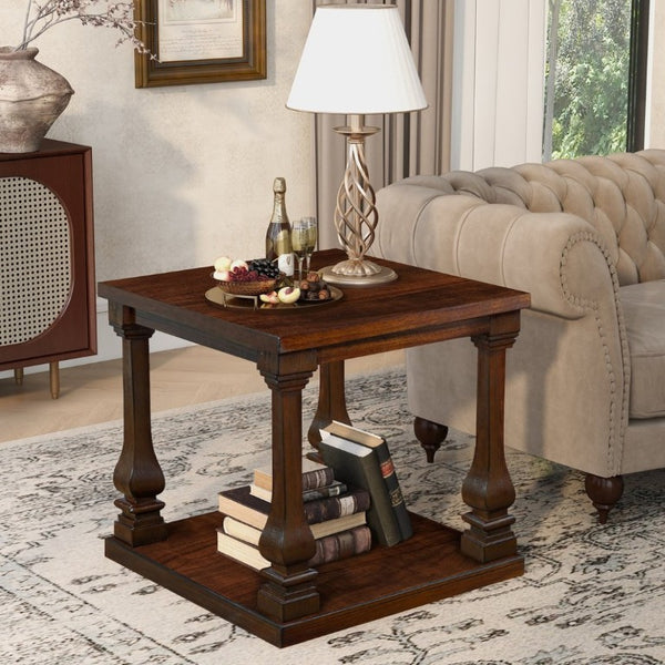 English Elm 24.8 Farmhouse Square End Table Two Tier Carved Legs Distressed Walnut Bedroom Living Room W1202P426221