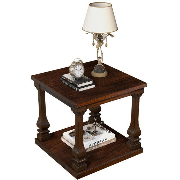 English Elm 24.8 Farmhouse Square End Table Two Tier Carved Legs Distressed Walnut Bedroom Living Room W1202P426221