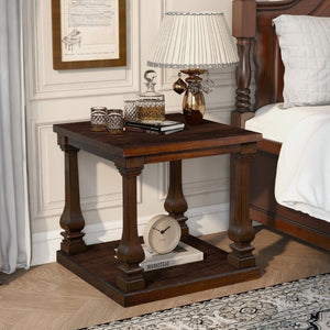 English Elm 24.8 Farmhouse Square End Table Two Tier Carved Legs Distressed Walnut Bedroom Living Room W1202P426221
