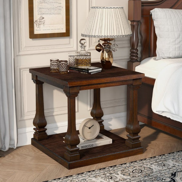 English Elm 24.8 Farmhouse Square End Table Two Tier Carved Legs Distressed Walnut Bedroom Living Room W1202P426221