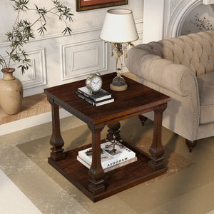 English Elm 24.8 Farmhouse Square End Table Two Tier Carved Legs Distressed Walnut Bedroom Living Room W1202P426221