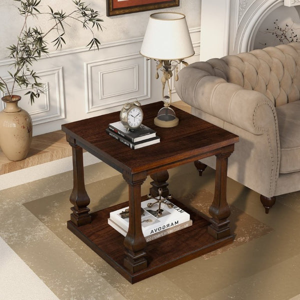 English Elm 24.8 Farmhouse Square End Table Two Tier Carved Legs Distressed Walnut Bedroom Living Room W1202P426221