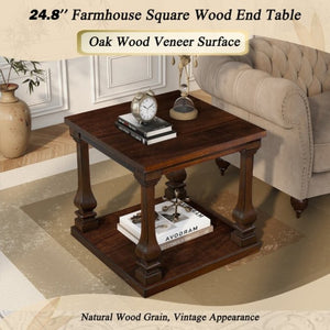 English Elm 24.8 Farmhouse Square End Table Two Tier Carved Legs Distressed Walnut Bedroom Living Room W1202P426221