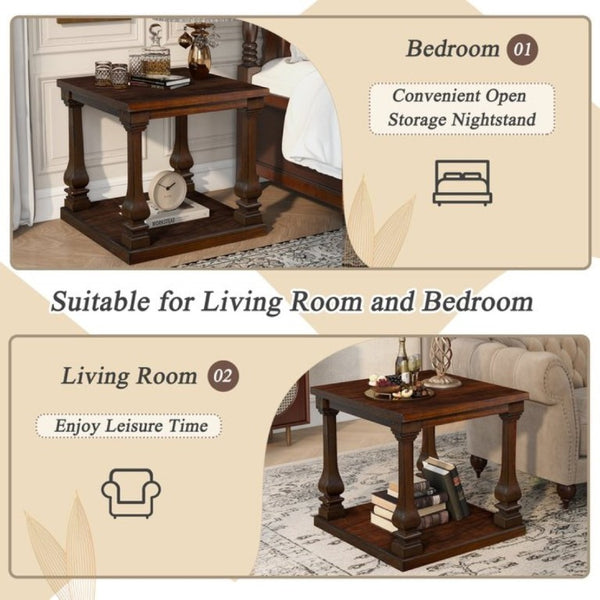 English Elm 24.8 Farmhouse Square End Table Two Tier Carved Legs Distressed Walnut Bedroom Living Room W1202P426221