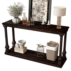 English Elm Farmhouse Console Table 59 Inch Slim Entryway Accent with Carved Legs and Pine Veneer Espresso W1202P426222