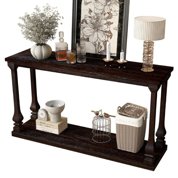 English Elm Farmhouse Console Table 59 Inch Slim Entryway Accent with Carved Legs and Pine Veneer Espresso W1202P426222