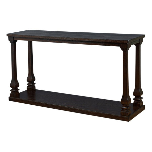 English Elm Farmhouse Console Table 59 Inch Slim Entryway Accent with Carved Legs and Pine Veneer Espresso W1202P426222