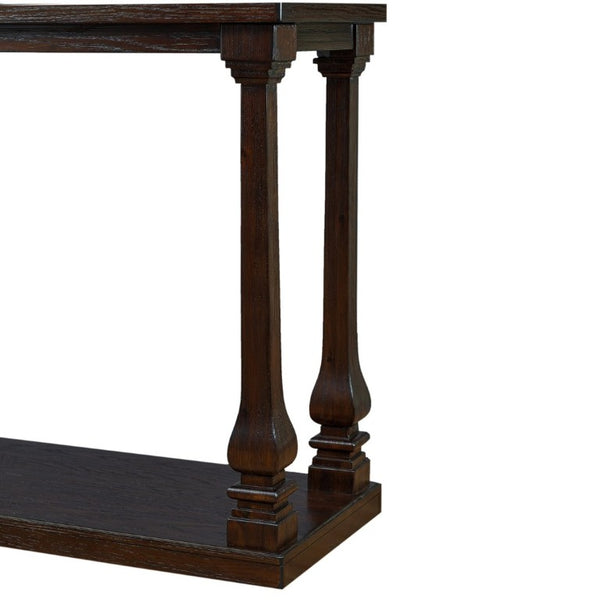 English Elm Farmhouse Console Table 59 Inch Slim Entryway Accent with Carved Legs and Pine Veneer Espresso W1202P426222