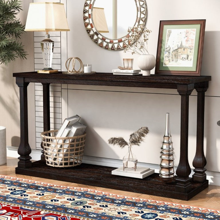 English Elm Farmhouse Console Table 59 Inch Slim Entryway Accent with Carved Legs and Pine Veneer Espresso W1202P426222