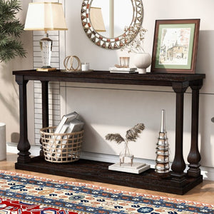 English Elm Farmhouse Console Table 59 Inch Slim Entryway Accent with Carved Legs and Pine Veneer Espresso W1202P426222
