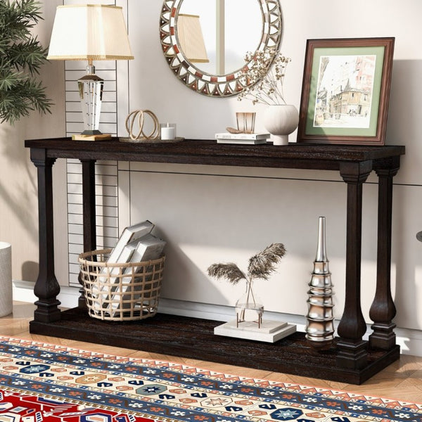 English Elm Farmhouse Console Table 59 Inch Slim Entryway Accent with Carved Legs and Pine Veneer Espresso W1202P426222