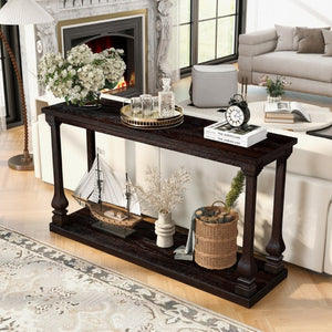 English Elm Farmhouse Console Table 59 Inch Slim Entryway Accent with Carved Legs and Pine Veneer Espresso W1202P426222