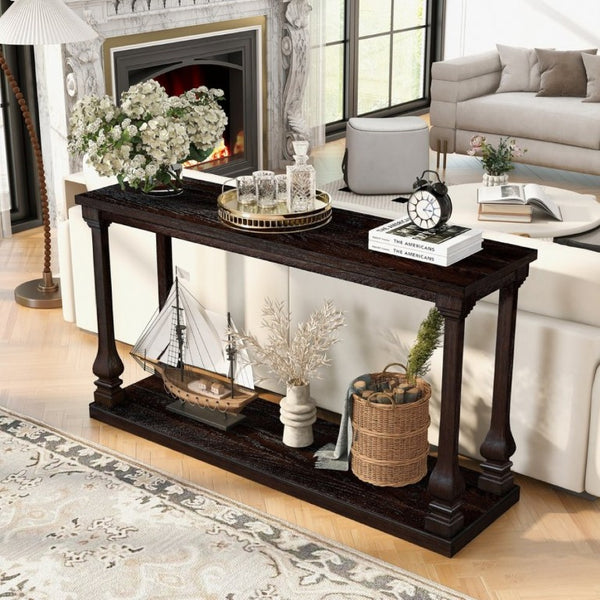 English Elm Farmhouse Console Table 59 Inch Slim Entryway Accent with Carved Legs and Pine Veneer Espresso W1202P426222