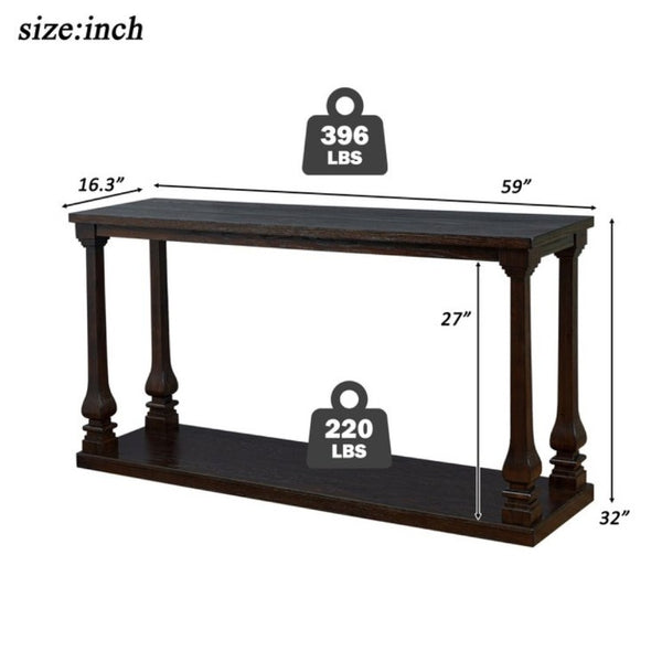 English Elm Farmhouse Console Table 59 Inch Slim Entryway Accent with Carved Legs and Pine Veneer Espresso W1202P426222