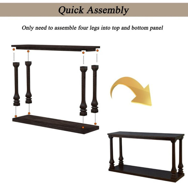 English Elm Farmhouse Console Table 59 Inch Slim Entryway Accent with Carved Legs and Pine Veneer Espresso W1202P426222
