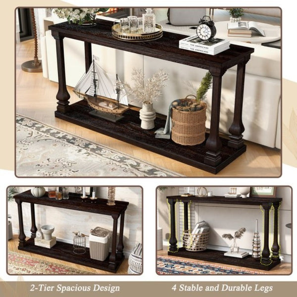English Elm Farmhouse Console Table 59 Inch Slim Entryway Accent with Carved Legs and Pine Veneer Espresso W1202P426222