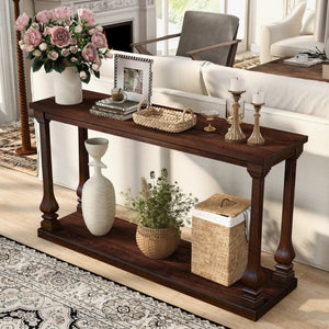 English Elm Farmhouse Console Table 59 Inch Slim Entryway Accent with Carved Legs and Pine Veneer Walnut W1202P426224