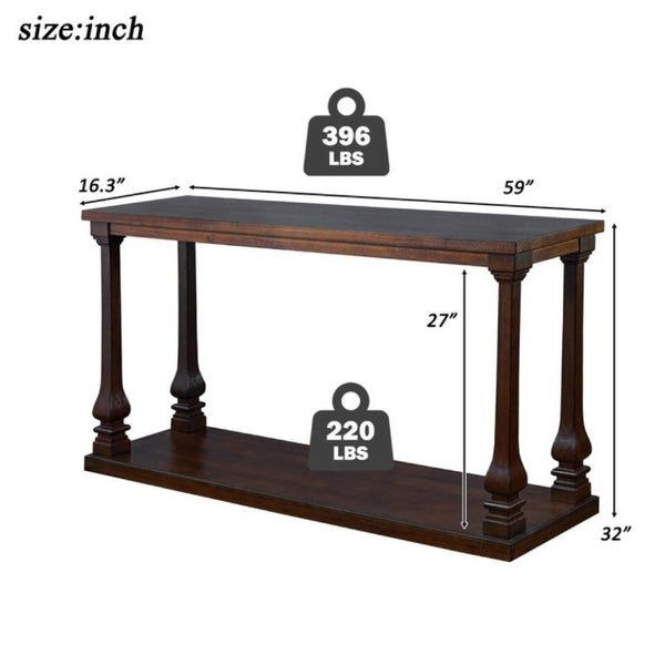 English Elm Farmhouse Console Table 59 Inch Slim Entryway Accent with Carved Legs and Pine Veneer Walnut W1202P426224