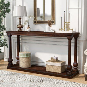 English Elm Farmhouse Console Table 59 Inch Slim Entryway Accent with Carved Legs and Pine Veneer Walnut W1202P426224