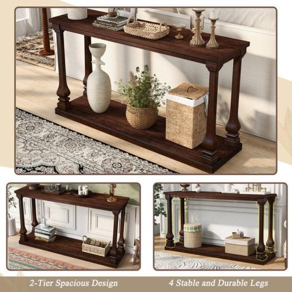 English Elm Farmhouse Console Table 59 Inch Slim Entryway Accent with Carved Legs and Pine Veneer Walnut W1202P426224