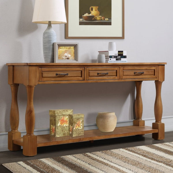 English Elm 60Inch Solid Pine Entryway Console Table with Three Drawers and Open Storage Shelf W1202P457245