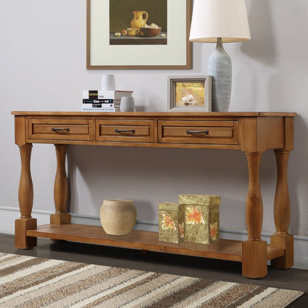 English Elm 60Inch Solid Pine Entryway Console Table with Three Drawers and Open Storage Shelf W1202P457245
