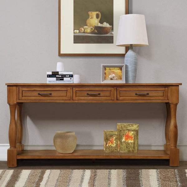 English Elm 60Inch Solid Pine Entryway Console Table with Three Drawers and Open Storage Shelf W1202P457245