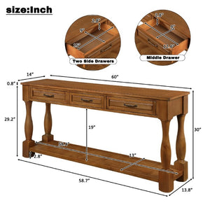 English Elm 60Inch Solid Pine Entryway Console Table with Three Drawers and Open Storage Shelf W1202P457245