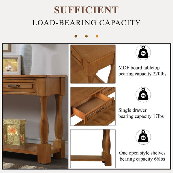 English Elm 60Inch Solid Pine Entryway Console Table with Three Drawers and Open Storage Shelf W1202P457245