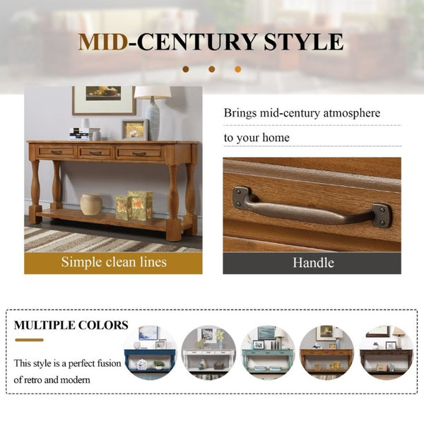 English Elm 60Inch Solid Pine Entryway Console Table with Three Drawers and Open Storage Shelf W1202P457245