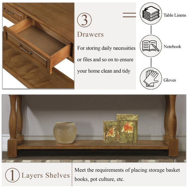 English Elm 60Inch Solid Pine Entryway Console Table with Three Drawers and Open Storage Shelf W1202P457245