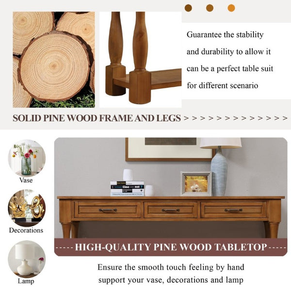 English Elm 60Inch Solid Pine Entryway Console Table with Three Drawers and Open Storage Shelf W1202P457245