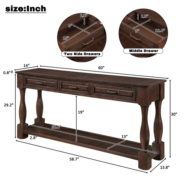 English Elm 60inch Solid Pine Wood Entryway Console Table with Three Drawers and Open Bottom Shelf W1202P457250