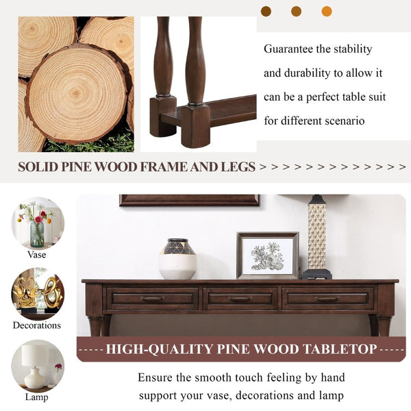 English Elm 60inch Solid Pine Wood Entryway Console Table with Three Drawers and Open Bottom Shelf W1202P457250