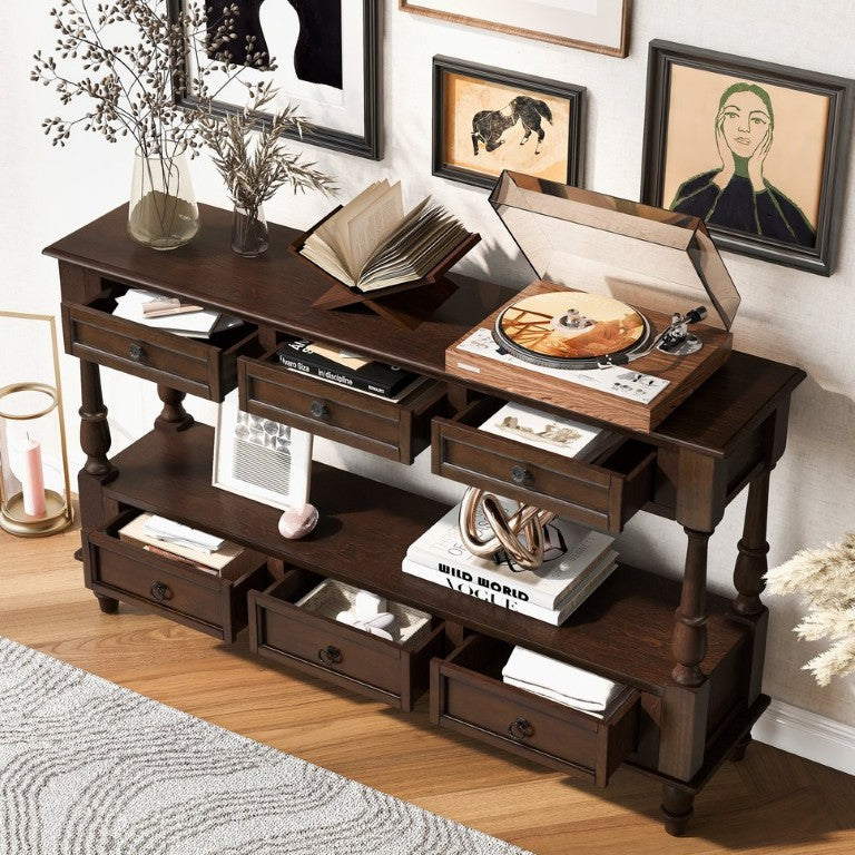 English Elm Solid Pine Wood Console Table Six Drawer Two Tier Vintage Hallway Foyer Organizer Espresso W1202P457255