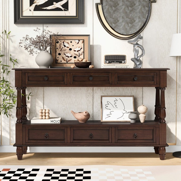 English Elm Solid Pine Wood Console Table Six Drawer Two Tier Vintage Hallway Foyer Organizer Espresso W1202P457255