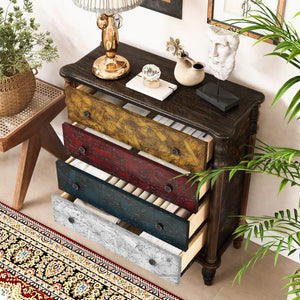 English Elm Farmhouse Four Drawer Chest with Pine Legs Oak Veneer Top Narrow Bedroom Storage Colorful W1202P484708