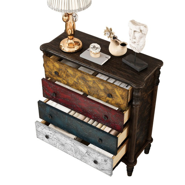 English Elm Farmhouse Four Drawer Chest with Pine Legs Oak Veneer Top Narrow Bedroom Storage Colorful W1202P484708