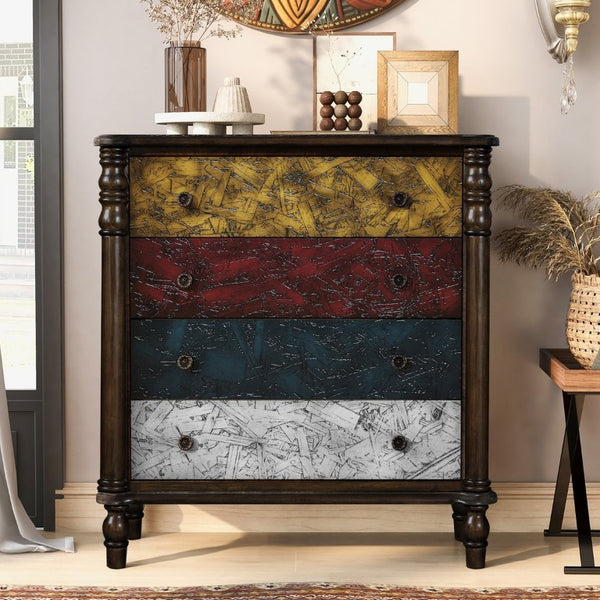 English Elm Farmhouse Four Drawer Chest with Pine Legs Oak Veneer Top Narrow Bedroom Storage Colorful W1202P484708