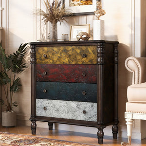 English Elm Farmhouse Four Drawer Chest with Pine Legs Oak Veneer Top Narrow Bedroom Storage Colorful W1202P484708