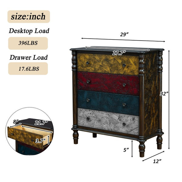 English Elm Farmhouse Four Drawer Chest with Pine Legs Oak Veneer Top Narrow Bedroom Storage Colorful W1202P484708