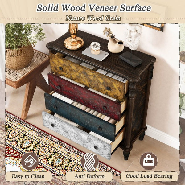 English Elm Farmhouse Four Drawer Chest with Pine Legs Oak Veneer Top Narrow Bedroom Storage Colorful W1202P484708