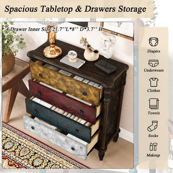 English Elm Farmhouse Four Drawer Chest with Pine Legs Oak Veneer Top Narrow Bedroom Storage Colorful W1202P484708