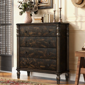 English Elm Farmhouse Four Drawer Chest with Pine Legs Oak Veneer Top Narrow Bedroom Storage Espresso W1202P484711