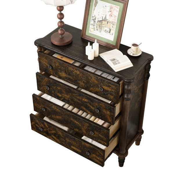 English Elm Farmhouse Four Drawer Chest with Pine Legs Oak Veneer Top Narrow Bedroom Storage Espresso W1202P484711