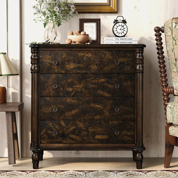 English Elm Farmhouse Four Drawer Chest with Pine Legs Oak Veneer Top Narrow Bedroom Storage Espresso W1202P484711