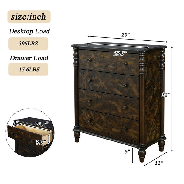 English Elm Farmhouse Four Drawer Chest with Pine Legs Oak Veneer Top Narrow Bedroom Storage Espresso W1202P484711