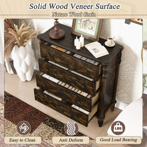 English Elm Farmhouse Four Drawer Chest with Pine Legs Oak Veneer Top Narrow Bedroom Storage Espresso W1202P484711