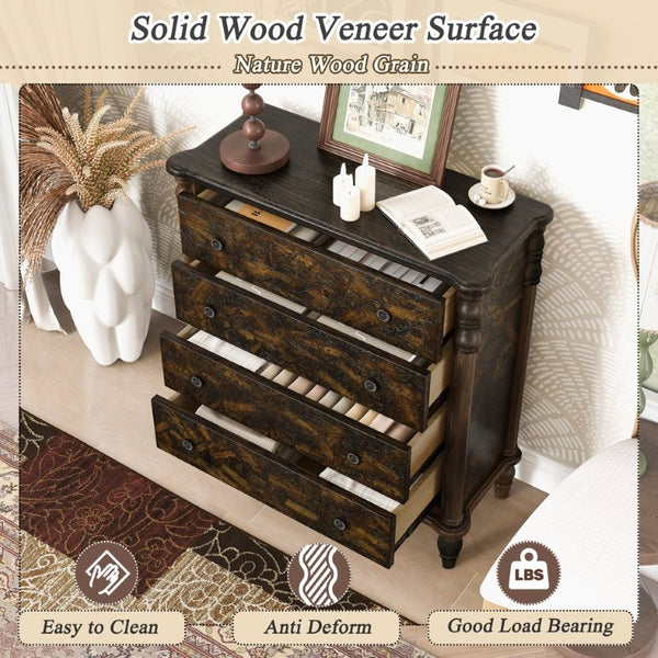 English Elm Farmhouse Four Drawer Chest with Pine Legs Oak Veneer Top Narrow Bedroom Storage Espresso W1202P484711
